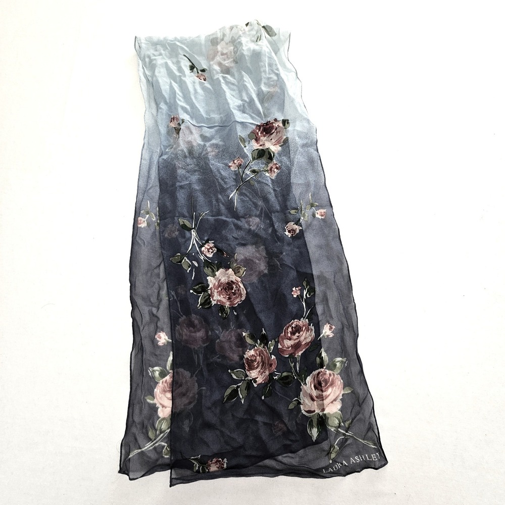 Laura Ashley Blue Ombre Rose Floral Sheer Rectangular Scarf Cottagecore Navy